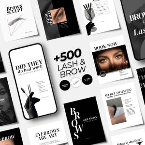 May include: A collection of promotional materials for lash and brow services, featuring a smartphone and various cards with text and images. The cards include phrases like "Brows Sculpt," "+500 Lash & Brow," and "Book Now." The color scheme is primarily black and white.