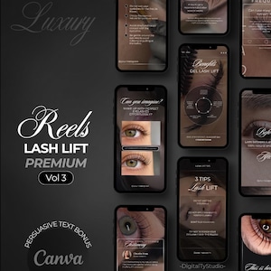 Könnte beinhalten: Ein dunkelgraues Grafikdesign mit dem Text "Luxury Reels LASH LIFT PREMIUM Vol 3", sowie Bildern von Wimpern und Tipps für Wimpernliftings. Das Design enthält auch das Canva-Logo.