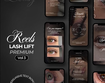 May include: A dark gray graphic design featuring the text "Luxury Reels LASH LIFT PREMIUM Vol 3" with additional text and images of eyelashes and tips for lash lifts. The design includes the Canva logo.