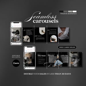 以下が含まれることがあります： 「Seamless carousels」と「30日以内に売上を2倍に」というテキストが入ったデジタルマーケティンググラフィック。ソーシャルメディアの投稿が掲載された携帯電話のモックアップとCanvaのロゴが特徴です。