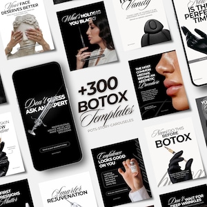Puede incluir: Una colección de plantillas de marketing digital para procedimientos estéticos, con gráficos en blanco y negro, jeringas, guantes médicos y textos como +300 BOTOX Templates, Don't Guess ASK AN EXPERT y Confidence LOOKS GOOD ON YOU.