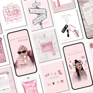 Peut inclure: Une collection de graphiques numériques pour réseaux sociaux avec une palette de couleurs rose, des produits de soin, un chat portant une serviette et des lunettes, une personne avec des bigoudis et divers textes sur les routines de soin.
