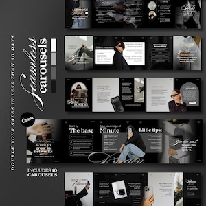 May include: A digital marketing template set with a black and white design. The image includes text that says "Seamless carousels" and "Double your sales in less than 30 days". The template set includes 10 carousels.