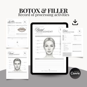 Puede incluir: Un conjunto digital de plantillas para registros de tratamiento de Botox y rellenos, mostradas en una tableta y hojas impresas. Los documentos incluyen diagramas de evaluación facial y formularios de información en blanco y negro.