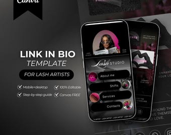 Link in Bio Template for Lash artist, pink website canva, Bio link, canva website, landing page, Linktree template, Instagram bio link