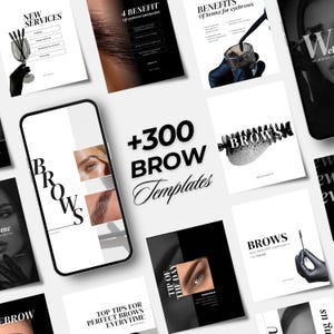 Puede incluir: Una colección de materiales promocionales en blanco y negro para servicios de cejas. Un smartphone muestra imágenes de cejas, rodeado de tarjetas con texto como "+300 Brow Templates" y "New Services". El tema general es la belleza y el cuidado de las cejas.