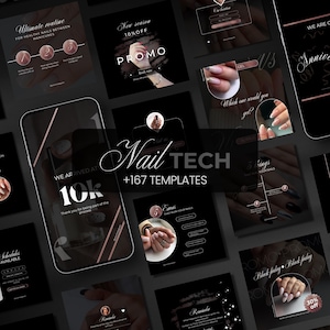 Op de afbeelding: Een verzameling social media sjablonen voor nagelstylisten. De sjablonen bevatten afbeeldingen van gemanicuurde nagels, tekstoverlays en verschillende ontwerpelementen. De tekst op de sjablonen omvat "Nail Tech", "+167 Templates", "Ultimate routine", "Nieuw seizoen 10% korting", "Promo", "We zijn 10.000 bereikt", "Schema's beschikbaar", "Gel", "Welke zou je kiezen?", "Black Friday", "30% korting" en "Jubileum".