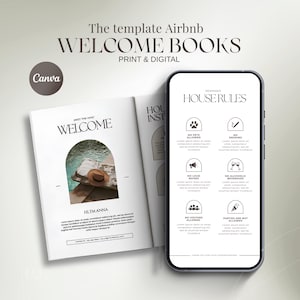 Könnte beinhalten: Eine digitale Vorlage für Airbnb-Willkommensbücher mit einer gedruckten Broschüre und einem Smartphone-Display. Die Broschüre zeigt eine Willkommensseite mit einem Poolfoto, während das Smartphone Hausregeln mit Symbolen anzeigt.