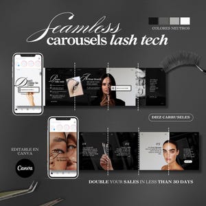 Könnte beinhalten: Eine Werbegrafik für Wimperntechnik-Dienstleistungen. Das Design zeigt einen dunklen Hintergrund mit dem Text "Seamless carousels lash tech". Zwei Smartphones zeigen Karussellbeispiele. Der Text "Verdoppeln Sie Ihren Umsatz in weniger als 30 Tagen" ist ebenfalls enthalten.