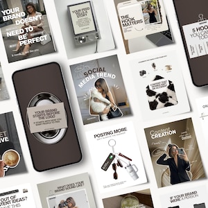 May include: A digital collage of social media marketing graphics featuring various educational text overlays, photographs of a person, a smartphone, a keychain with accessories, and coffee, all presented in a neutral, professional color palette.