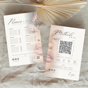 Puede incluir: Dos tarjetas de visita sobre un fondo beige claro. Una tarjeta dice "Prince Lists" y enumera los servicios con precios. La otra tarjeta dice "Methods Paid" con un código QR y métodos de pago aceptados. Las tarjetas tienen un diseño minimalista.