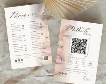Scan-to-Pay Price List Template, Price template Price list template payment scan template, price guide sheet, for hair salon, nails eyelashe