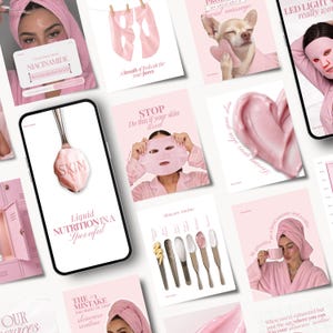 Peut inclure: Une collection de graphiques numériques pour réseaux sociaux sur le thème des soins de la peau roses, incluant un smartphone affichant une cuillère avec de la crème rose, une personne en peignoir rose avec un masque, et diverses textures.