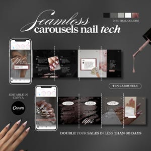 Puede incluir: Imagen promocional para servicios de manicura, con un fondo gris oscuro y el texto "Seamless carousels nail tech". La imagen incluye maquetas de pantallas de teléfono con nail art y texto, y las palabras "Editable in Canva".