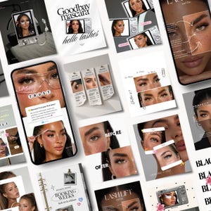May include: A digital marketing kit for lash technicians featuring multiple social media templates, promotional graphics, and educational content. The collection includes text overlays like Goodbay mascara, hello lashes, and Booking Weeks, alongside close-up photography of eyes and lash lift results.