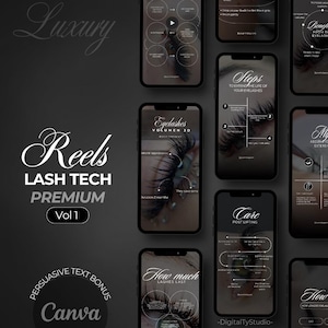 Modelos de carretéis de vídeo para Lash Artist Instagram / Lash tech Instagram Reels / Estilo luxuoso - Modelo Canva / Modelo de carretel de extensões de cílios
