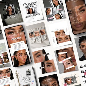May include: A digital collage featuring multiple images of eyelash extensions, lash lift procedures, and promotional graphics with text including Goodbay mascara, hello lashes, Lash Trust, and Booking Weeks lash tech edition.