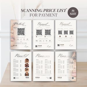 Puede incluir: Seis tarjetas blancas con texto y códigos QR se muestran sobre una superficie marrón claro. Las tarjetas muestran "Scanning Price List For Payment", "Payment Methods" y "Price List". Las tarjetas también presentan imágenes de un rostro femenino.