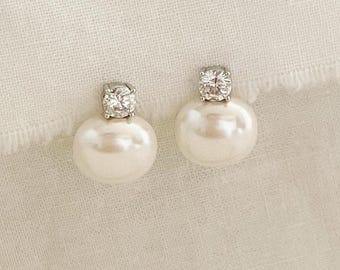 Pearl & Cubic Zirconia Stud Earrings: Sterling Silver Bridal Jewelry