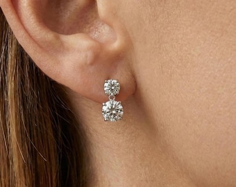 Genuine Moissanite Double Drop Earrings: Platinum overlay Sterling Silver