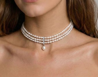 Gargantilla de perlas de agua dulce auténticas • Acabado en plata de ley y platino, joyería nupcial
