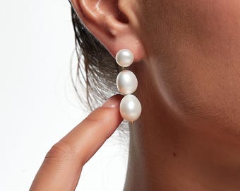 Triple Baroque Pearl Drop Earrings: Elegant Bridal Jewelry