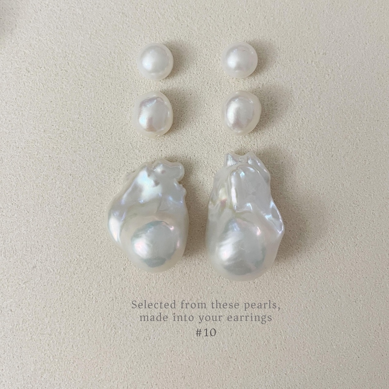 May include: A selection of white pearls in different shapes and sizes. The image shows round and baroque pearls, with the text "Selected from these pearls, made into your earrings #10".