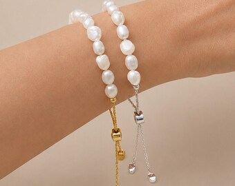 Baroque Freshwater Pearl Bracelet • Adjustable Gold Silver Chain • Organic Pearl Jewelry