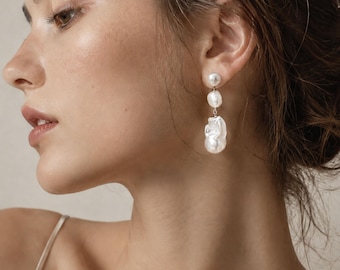 Extra Long Baroque Pearl Drop Earrings, Statement Bridal Earrings, 18K Gold Plated Sterling Silver, Large Pearl Wedding Jewelry