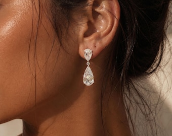 CZ Double Teardrop Drop Earrings • Elegant Bridal Jewelry with Refined Movement