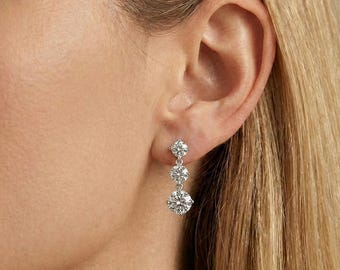 Moissanite Drop Earrings • Sterling Silver Platinum Overlay, Bridal Jewelry