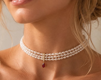 Three Strand Freshwater Pearl Necklace with Genuine Pear Cut Moissanite, Luxury Bridal Choker, Wedding Necklace for Bride