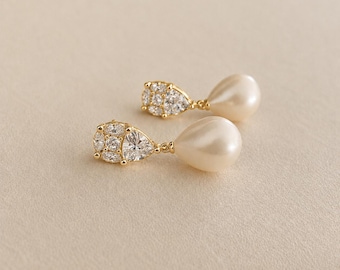 Teardrop Pearl Earrings • Sparkling CZ Bridal Studs, 13mm Freshwater Pearl