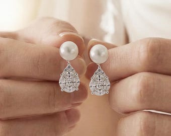 Bridal Freshwater Pearl Earrings • CZ Teardrop • Elegant Bride Jewelry