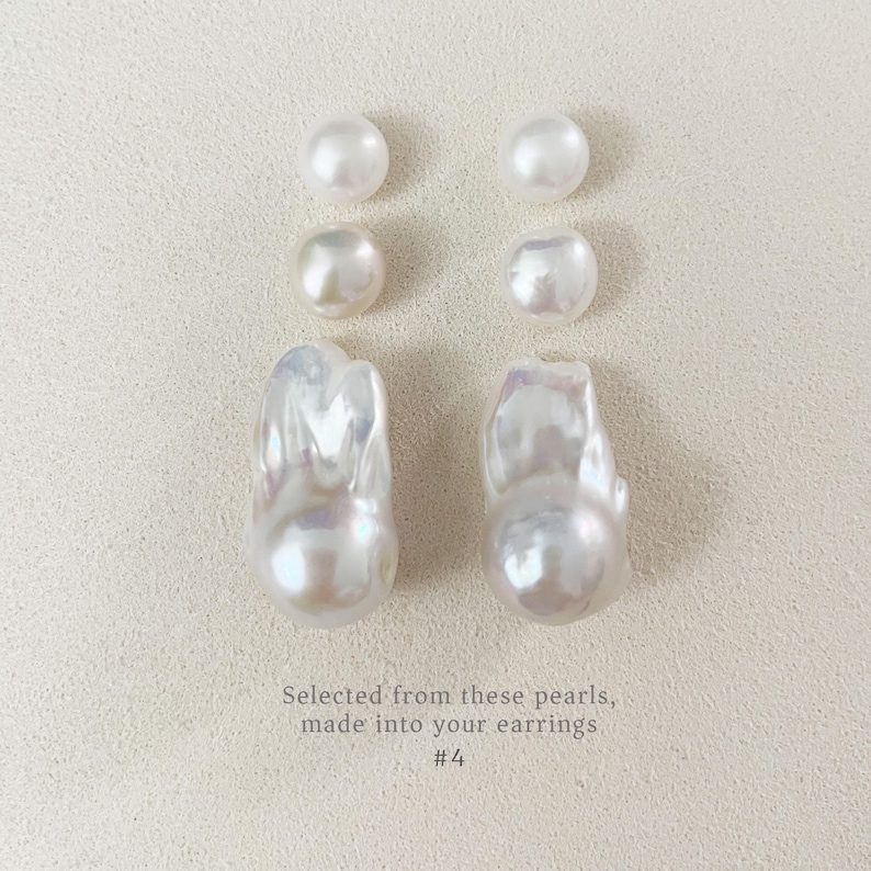 May include: A selection of white pearls in different shapes and sizes. The image shows round and baroque pearls, with text that reads "Selected from these pearls, made into your earrings #4."