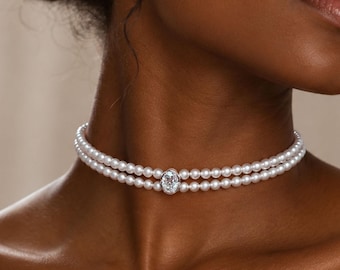 Two Strand Freshwater Pearl Necklace with Genuine Oval Moissanite, Luxury Bridal Choker, Wedding Necklace for Bride