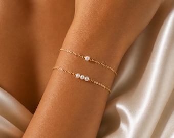 Solid 14K Gold Pearl Chain Bracelet • Dainty Minimalist Layering Jewelry
