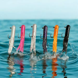 May include: Seven different colored fishing lures with hooks, floating in the water. The lures are made of soft plastic and have a squid-like shape. The colors are white, pink, grey, purple, orange, and black.