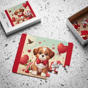 Puzzle dla dzieci, 30 elementów - Uroczy walentynkowy piesek z serduszkami. Zabawny prezent dla dzieci, układanka, zabawka edukacyjna,