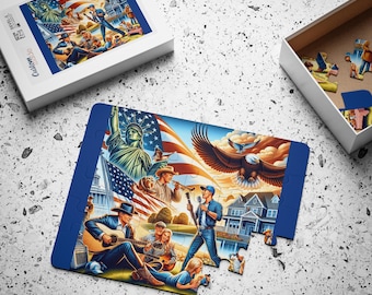 Kinderpuzzel, 30-delig: patriottische Amerikaanse countrypicknickzangers, Amerikaanse vlag, adelaar, vrijheidsbeeld. Patriottische legpuzzel