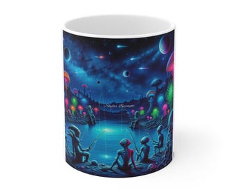Mug 11oz - Space Aliens playing Fishing, Extraterrestrial Coffee Cup, Outer Space Tea Mug, Alien Gift, UFO Kitchen Decor, Sci-Fi Lover
