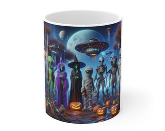 宇宙エイリアン ハロウィンマグ 11オンス、エイリアンコスチュームコーヒーカップ、UFO愛好家へのギフト、不気味な宇宙装飾、銀河テーマティーマグ