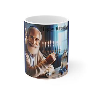 Happy Hannukah Mug 11oz, Holiday Jewish Gift, Festive Hanukkah Cup, Religious Chanukah Tea Cup, Judaica Kitchen Decor