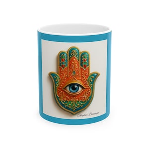 Colorful Hamsa Mug, Spiritual Gift, Boho Coffee Cup, Home Decor, Unique Kitchenware