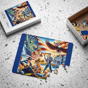 Kids&#39; Puzzle, 30-Piece - Patriotic American Country Picnic Singers, American Flag, Eagle, Statue of Liberty. Patriotic Jigsaw Puzzle for