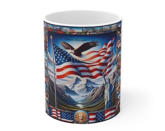 Taza - Bandera estadounidense patriótica, montañas, águila, Estatua de la Libertad - Regalo para veteranos, decoración del 4 de julio, recuerdo de EE. UU., café patriótico