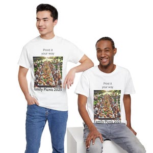 Rodzinny piknikowy T-shirt bawełniany unisex, spersonalizowana koszulka na wydarzenie, koszulka na rodzinne spotkanie, odzież na letni piknik, odzież na grupowe uroczystości
