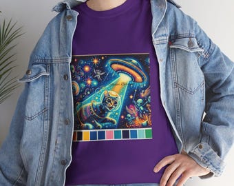 Katze mit Pullover Weltraum Alien Entführung Unisex T-Shirt, Kitty UFO Entführung, Grafik Neuheit Shirt, lustiges Tier Geschenk, niedliches Weltraum Katzen Top