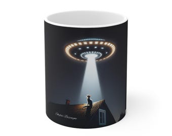 Taza, OVNI secuestrando gato, divertida nave espacial extraterrestre, taza de café de 11 oz, regalo para amantes de los gatos, regalo único para dueños de gatos, divertida taza de abducción, taza de gato OVNI extraterrestre,