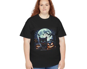 Przerażająca koszulka z czarnym kotem w pełni księżyca | Koszulka z kotem w blasku księżyca na Halloween